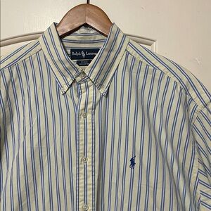 Ralph Lauren Men's Cream and Blue Striped Button Down Shirt